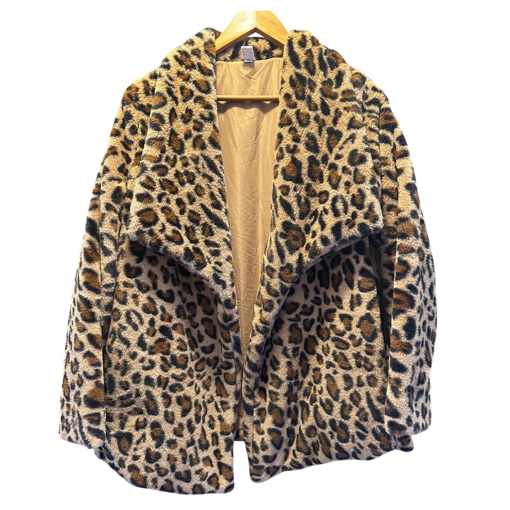 CY Fashion Leopard Print Faux Fur Open Front Jacket Shawl Collar Medium NJ5693